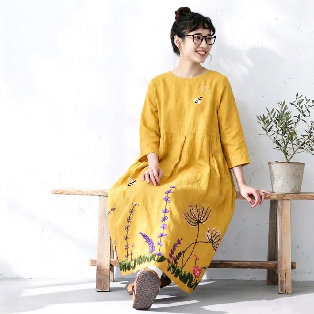 S～4XL 配色 Aライン プリント 七分袖 ワンピース