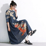 S～4XL 配色 Aライン プリント 七分袖 ワンピース