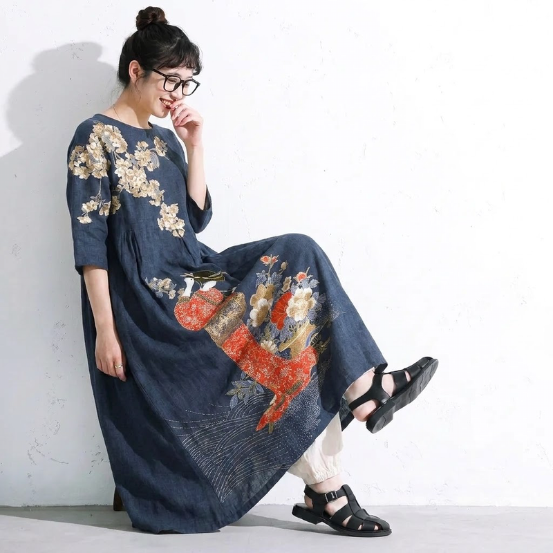 S～4XL 配色 Aライン プリント 七分袖 ワンピース