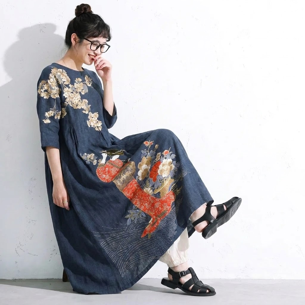 S～4XL 配色 Aライン プリント 七分袖 ワンピース