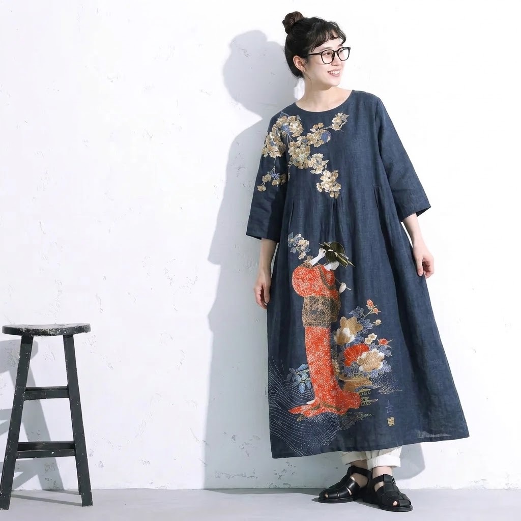S～4XL 配色 Aライン プリント 七分袖 ワンピース