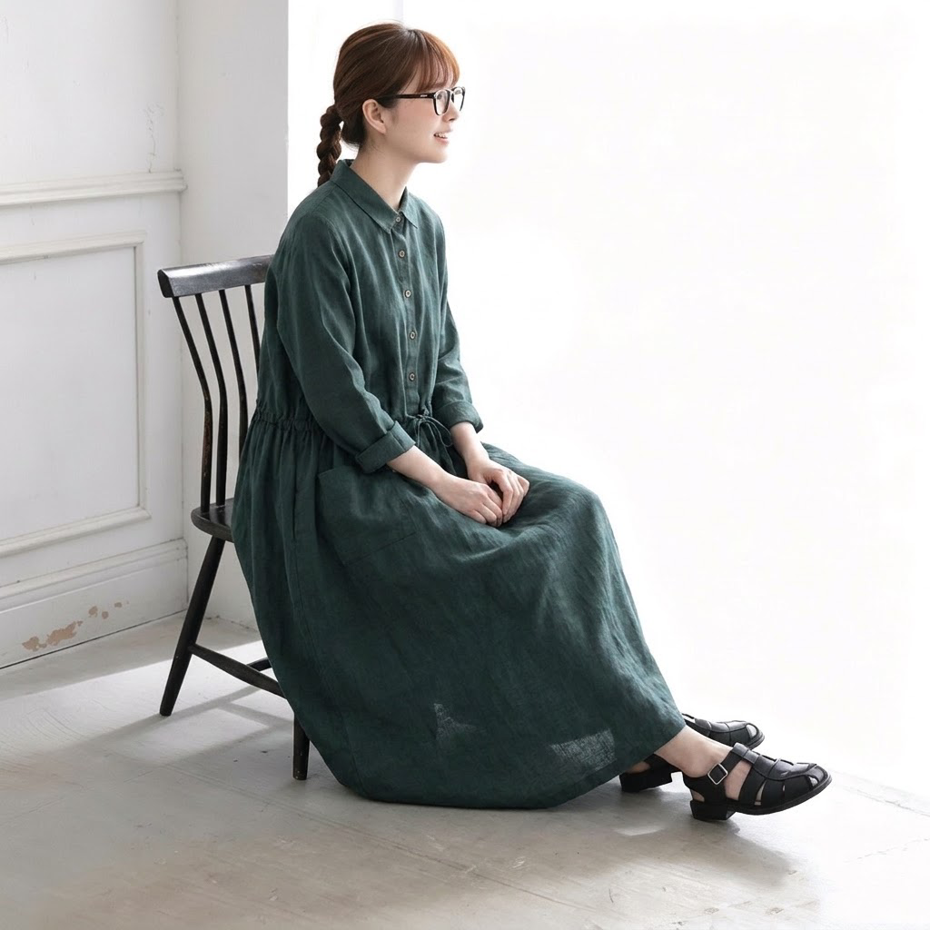 襟付き ミディアム丈 シャツワンピース