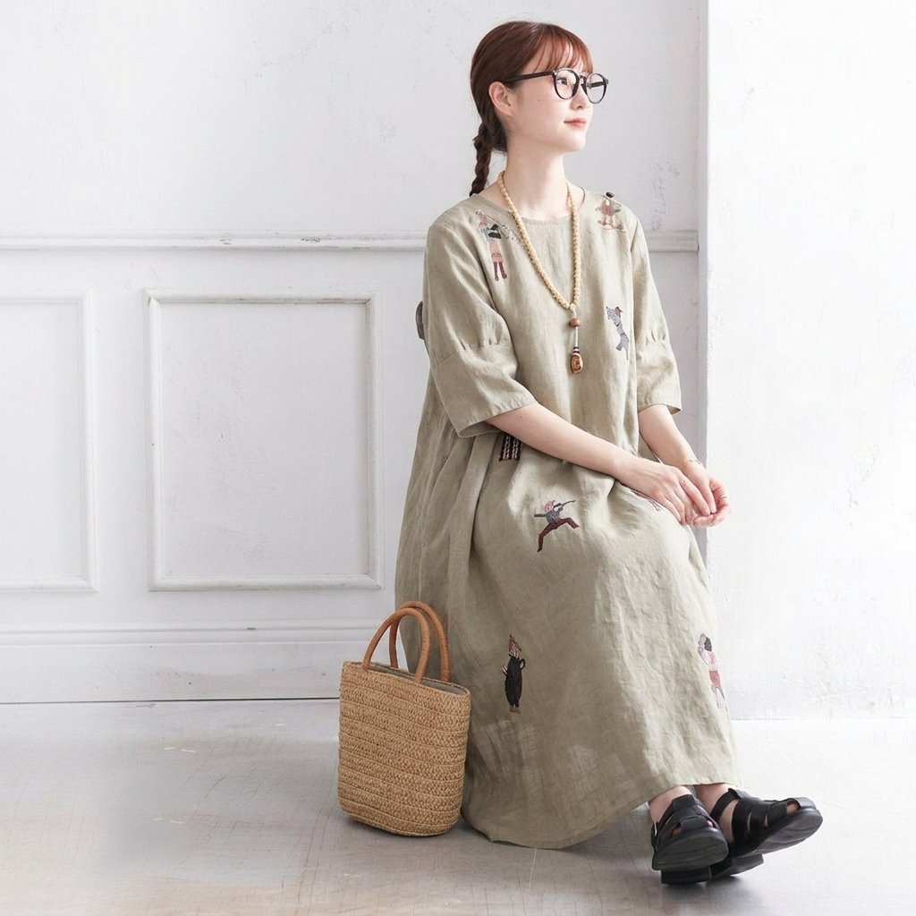 リネン 刺繍 丸首 半袖 Aライン ワンピース