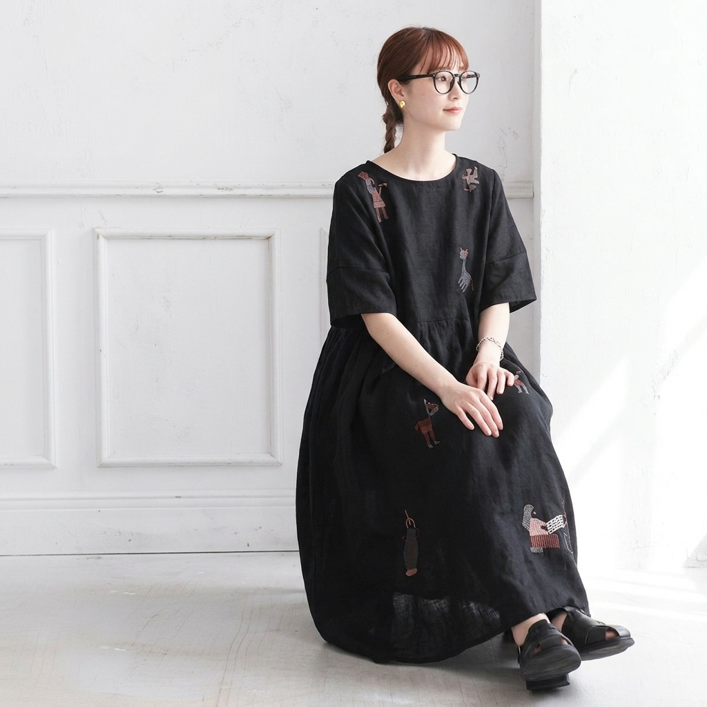 リネン 刺繍 丸首 半袖 Aライン ワンピース