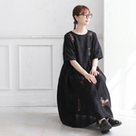 リネン 刺繍 丸首 半袖 Aライン ワンピース