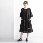 リネン 刺繍 丸首 半袖 Aライン ワンピース