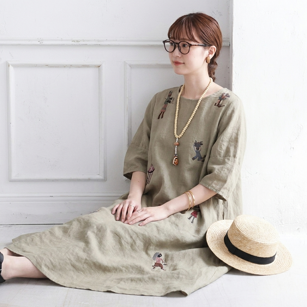リネン 刺繍 丸首 半袖 Aライン ワンピース