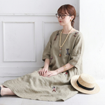 リネン 刺繍 丸首 半袖 Aライン ワンピース