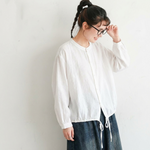 F コットン シングルブレスト ラウンドネック シャツ-ブルー-フリー