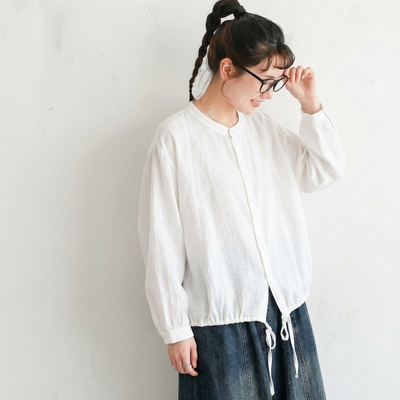 F コットン シングルブレスト ラウンドネック シャツ-ブルー-フリー