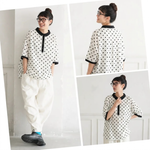 七分袖 ドット柄 ボタン ポロカラー Tシャツ