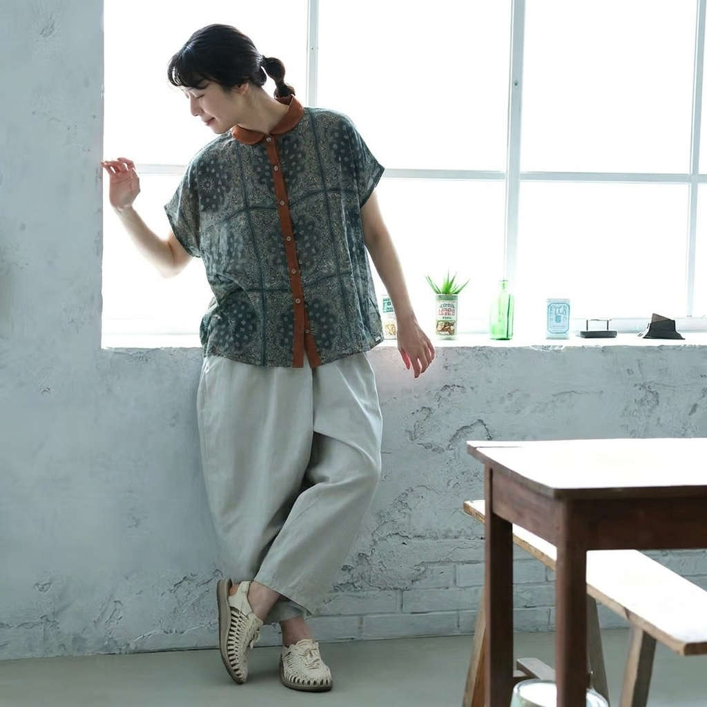 プリント 綿麻 ボタン シャツ
