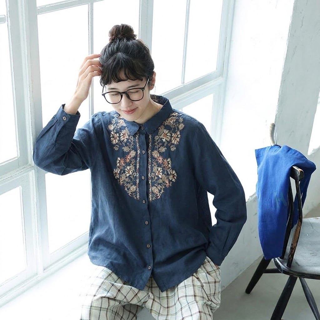 レトロ 刺繍 秋色 ロングスリーブ シャツ