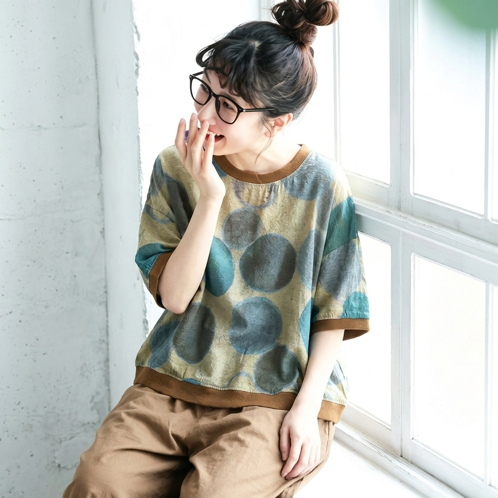 綿麻 ドット柄 半袖 花柄 大人ナチュラル シャツ