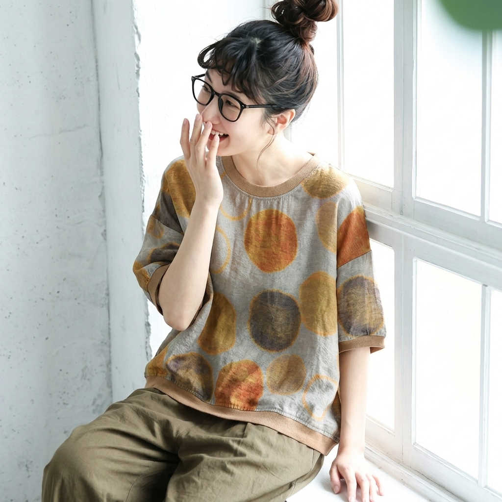 綿麻 ドット柄 半袖 花柄 大人ナチュラル シャツ