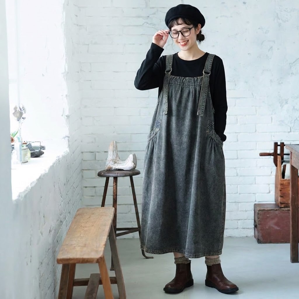 デニム サロペット ギャザー ロングワンピース