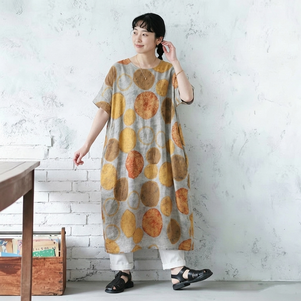 綿麻 ドット柄 プリント 半袖 ワンピース