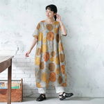 綿麻 ドット柄 プリント 半袖 ワンピース