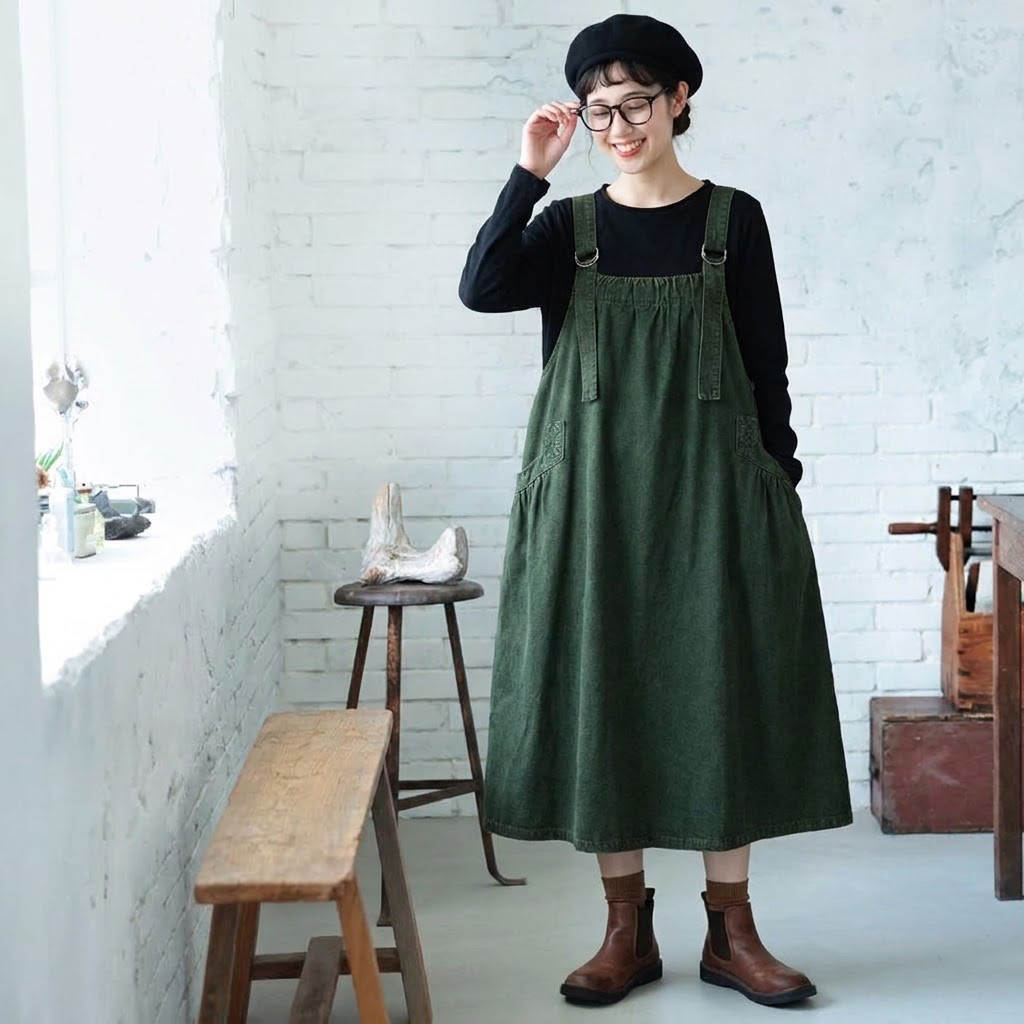 デニム サロペット ギャザー ロングワンピース