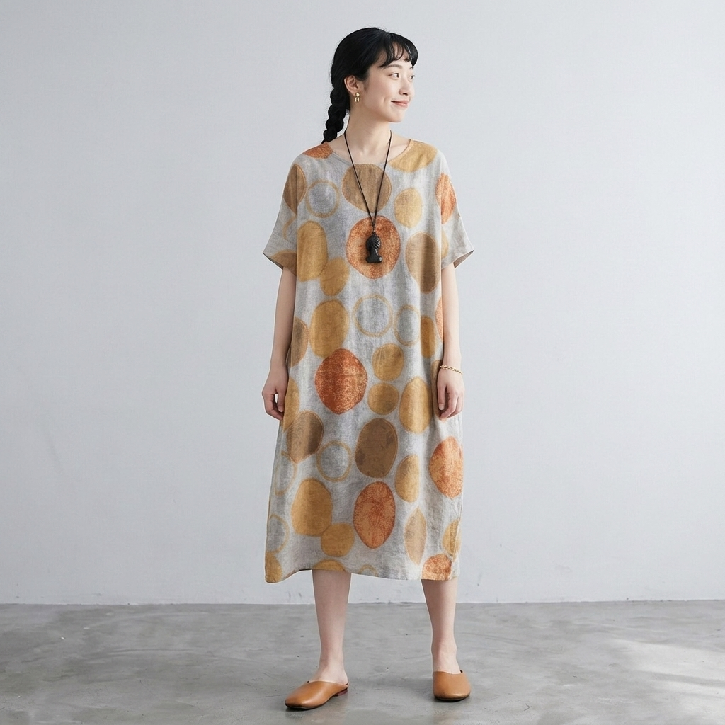 綿麻 ドット柄 プリント 半袖 ワンピース