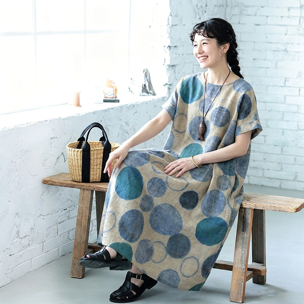 綿麻 ドット柄 プリント 半袖 ワンピース