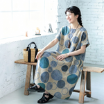 綿麻 ドット柄 プリント 半袖 ワンピース