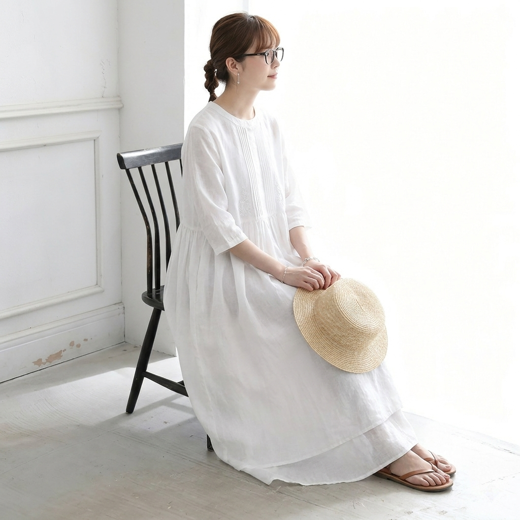 ナチュラル風 綿麻 刺繍入り Aライン 半袖ワンピース