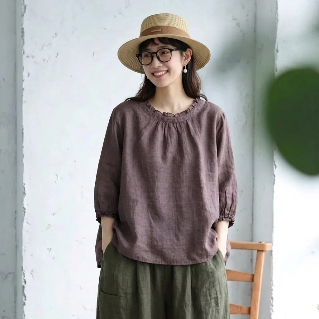 プルオーバー フリル ラウンドネック 七分袖 無地 レトロ シャツ