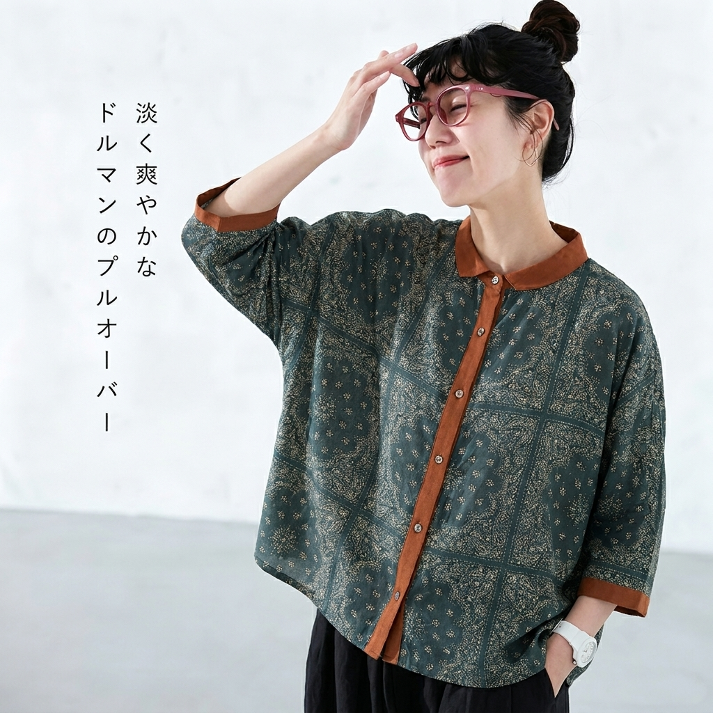プリント 綿麻 ボタン シャツ
