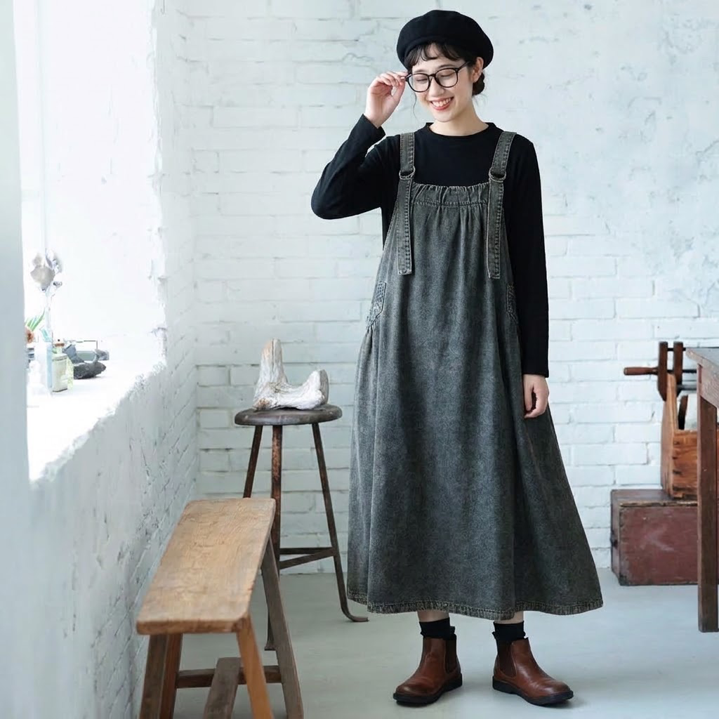 デニム サロペット ギャザー ロングワンピース