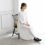 ナチュラル風 綿麻 刺繍入り Aライン 半袖ワンピース