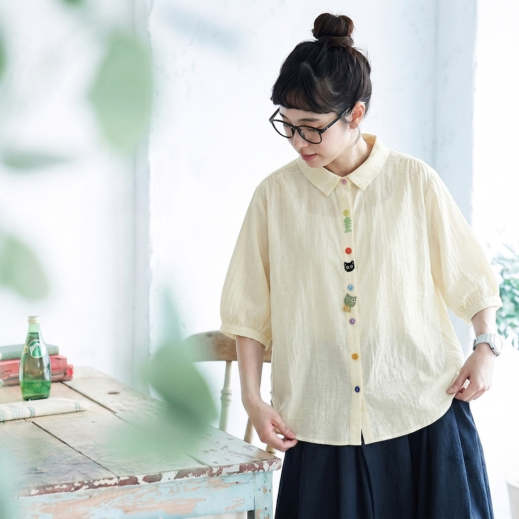 カートゥーン刺繍 POLO襟五分袖シャツ