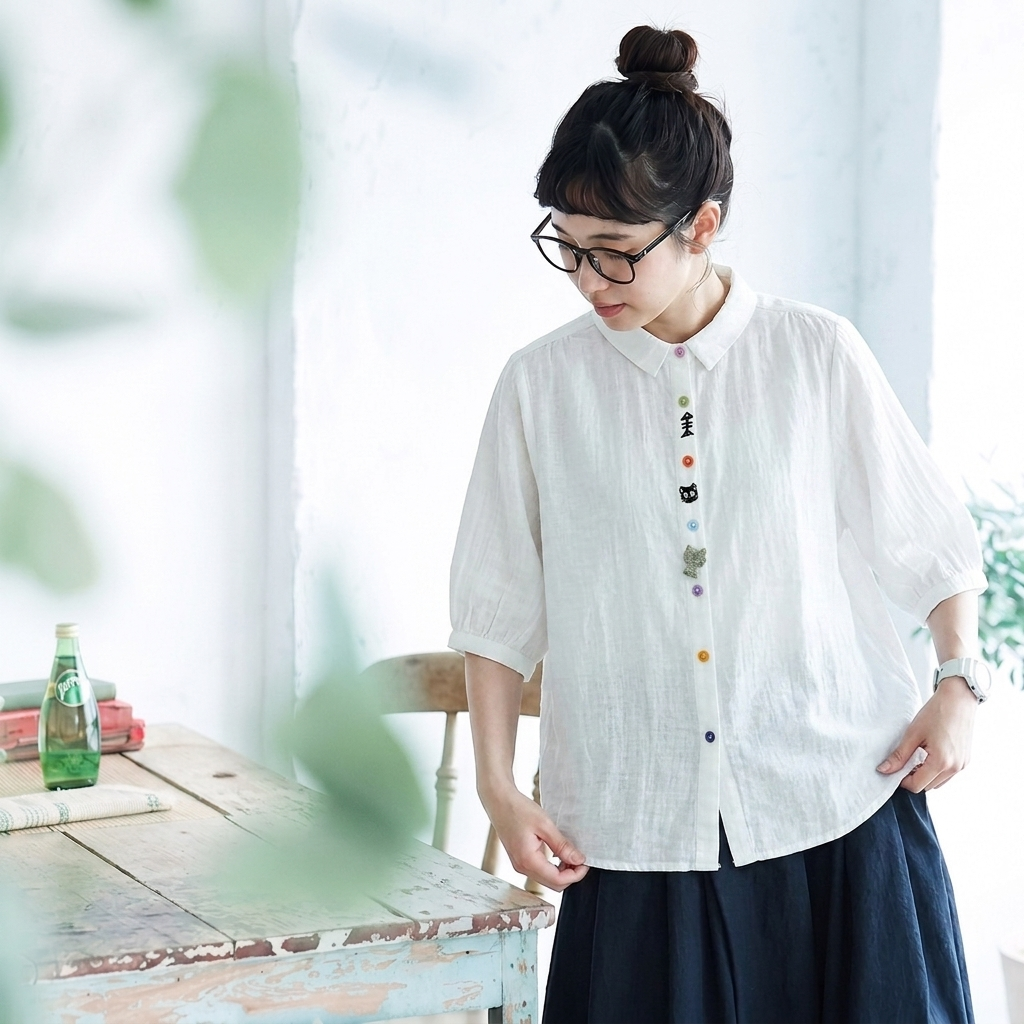 カートゥーン刺繍 POLO襟五分袖シャツ