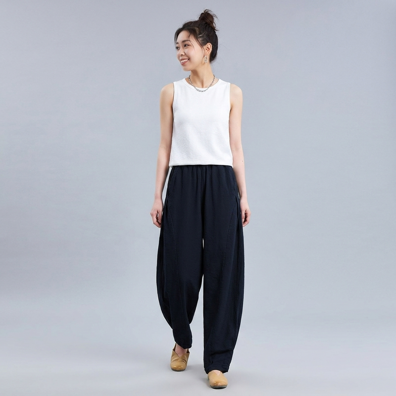 M～4XL 綿麻 ポケット付き アンクル丈（9分丈） パンツ