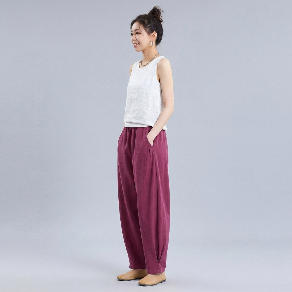 M～4XL 綿麻 ポケット付き アンクル丈（9分丈） パンツ