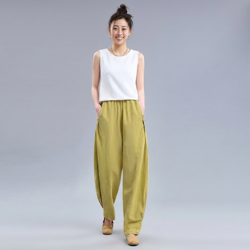 M～4XL 綿麻 ポケット付き アンクル丈（9分丈） パンツ