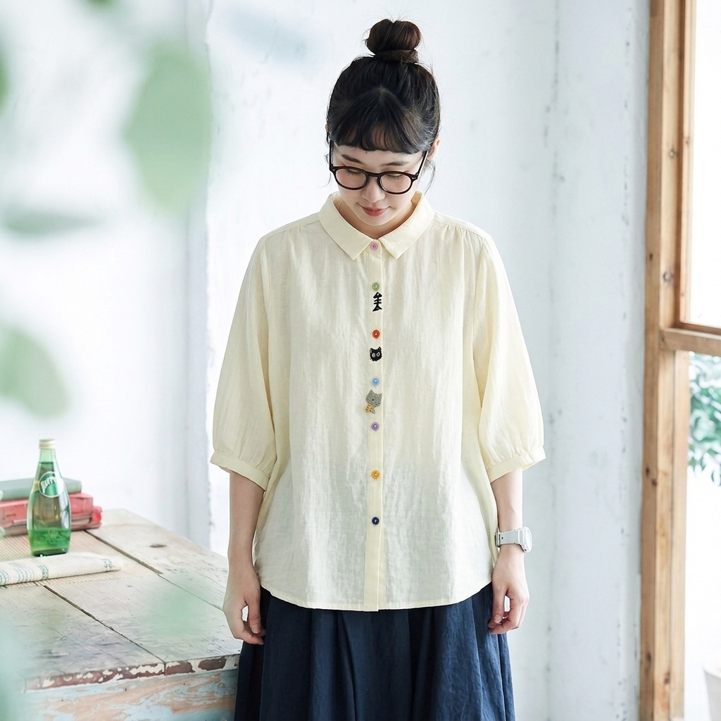 カートゥーン刺繍 POLO襟五分袖シャツ