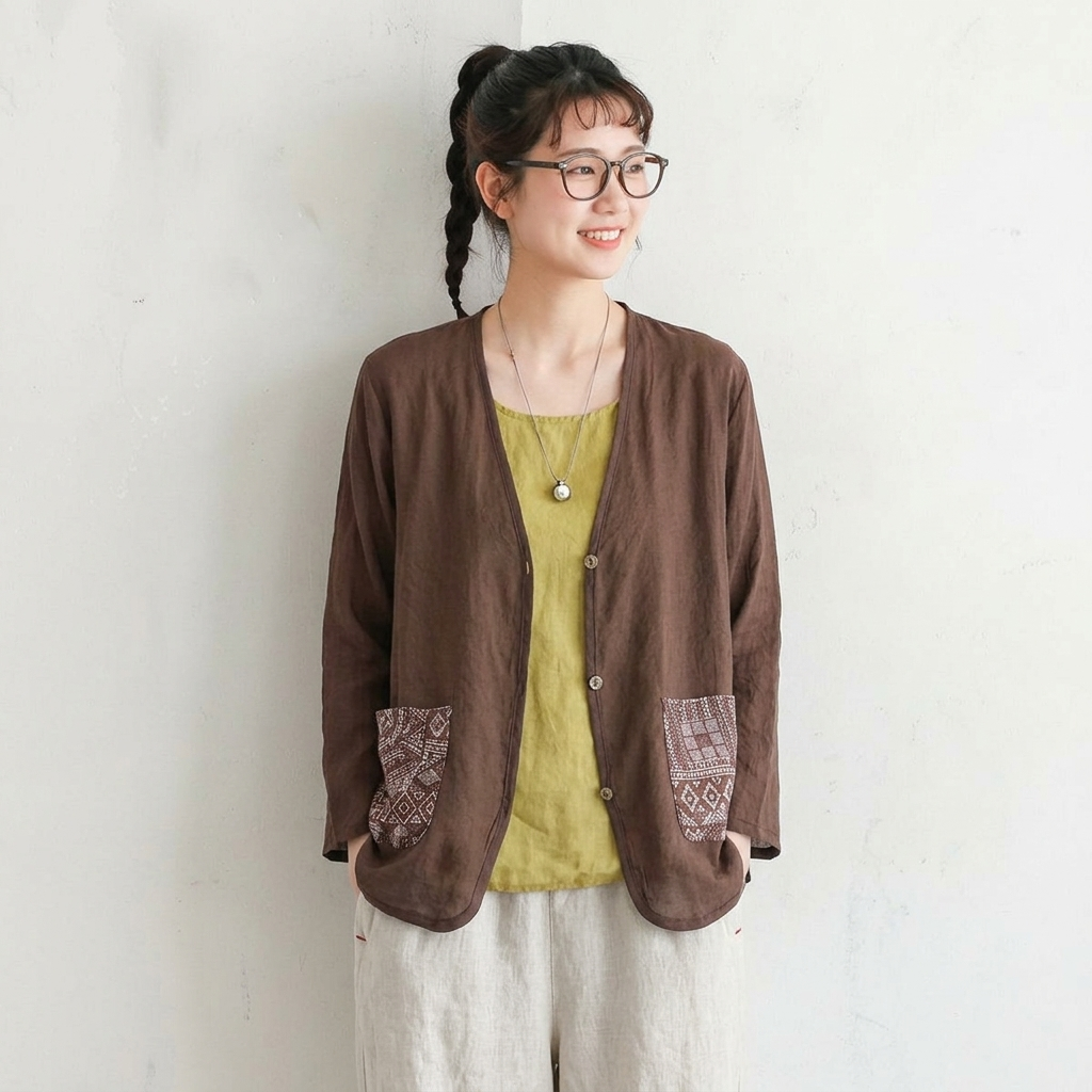 春夏向け UV 対策 薄手コットンリネンカーディガン 刺繍デザイン