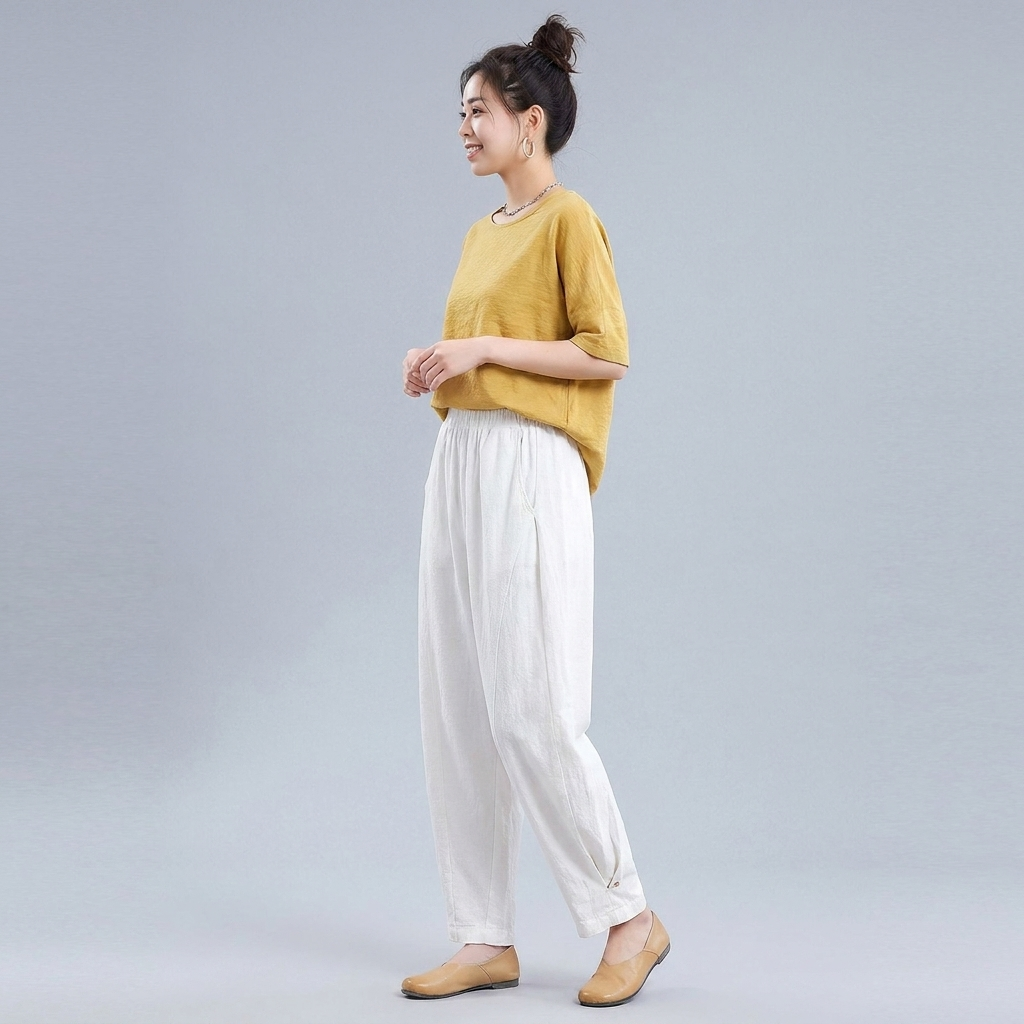 M～4XL 綿麻 ポケット付き アンクル丈（9分丈） パンツ