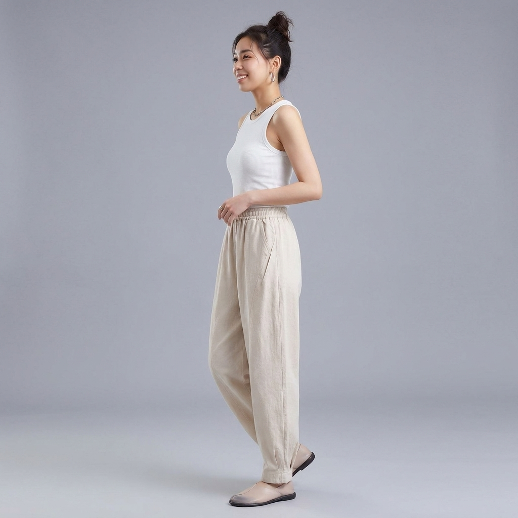 M～4XL 綿麻 ポケット付き アンクル丈（9分丈） パンツ