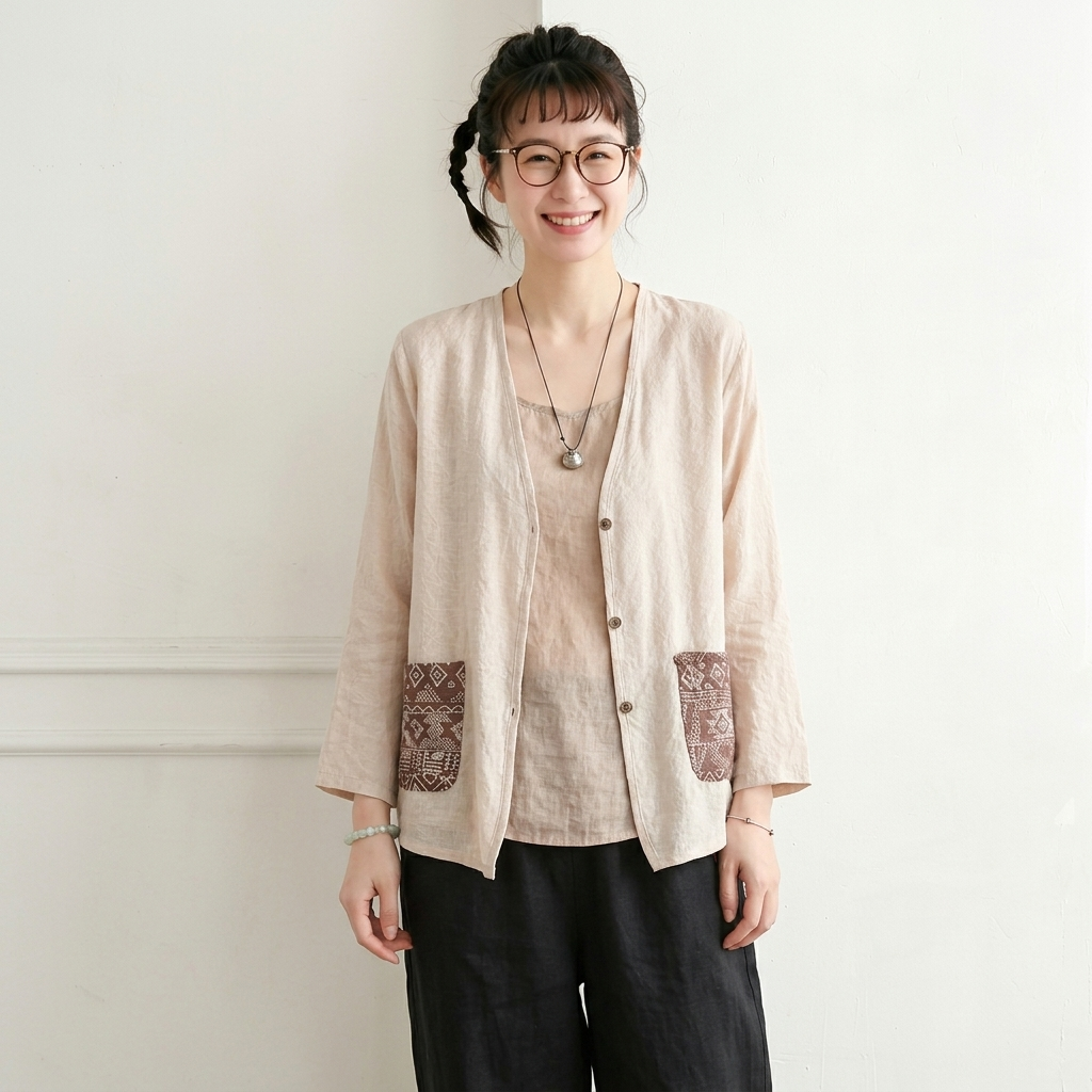 春夏向け UV 対策 薄手コットンリネンカーディガン 刺繍デザイン