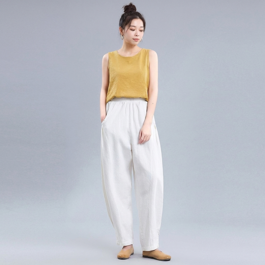 M～4XL 綿麻 ポケット付き アンクル丈（9分丈） パンツ