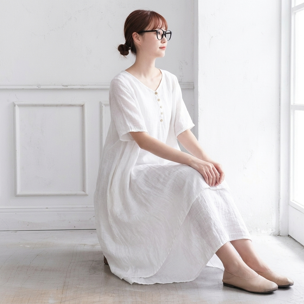 S～5XL ボタン 無地 Aライン 長袖／半袖 半袖ワンピース