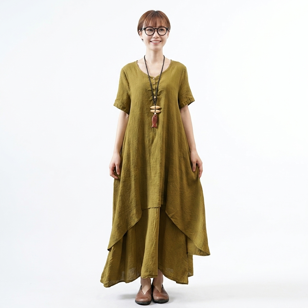 S～5XL ボタン 無地 Aライン 長袖／半袖 半袖ワンピース
