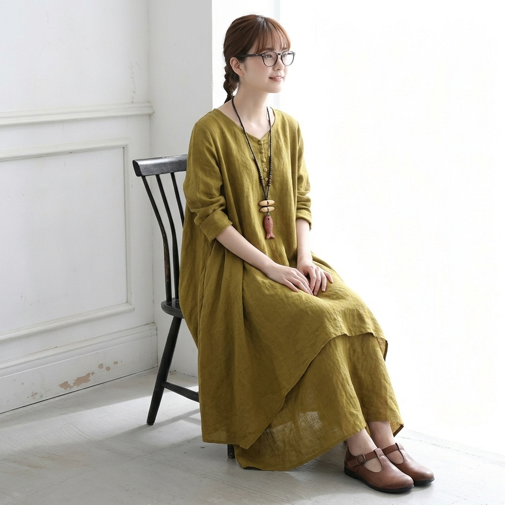 S～5XL ボタン 無地 Aライン 長袖／半袖 半袖ワンピース