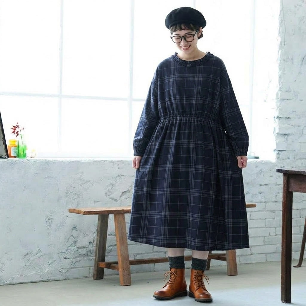 チェック柄 レースディテール ロング丈 ワンピース