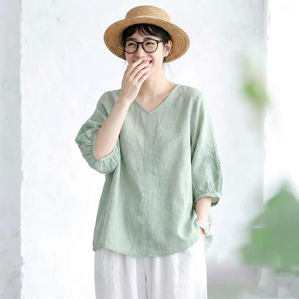 刺繍 レトロ 無地 Vネック Tシャツ