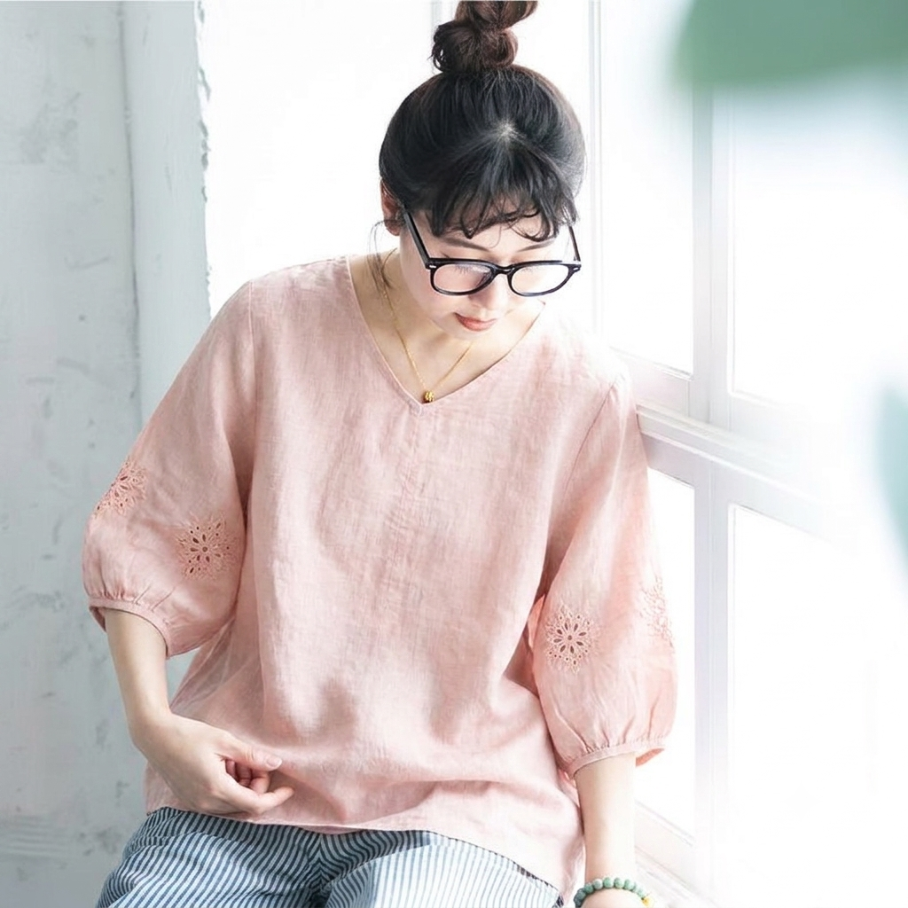 刺繍 レトロ 無地 Vネック Tシャツ