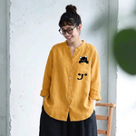 綿麻 Vネック 長袖 プリント 動物柄 シャツ