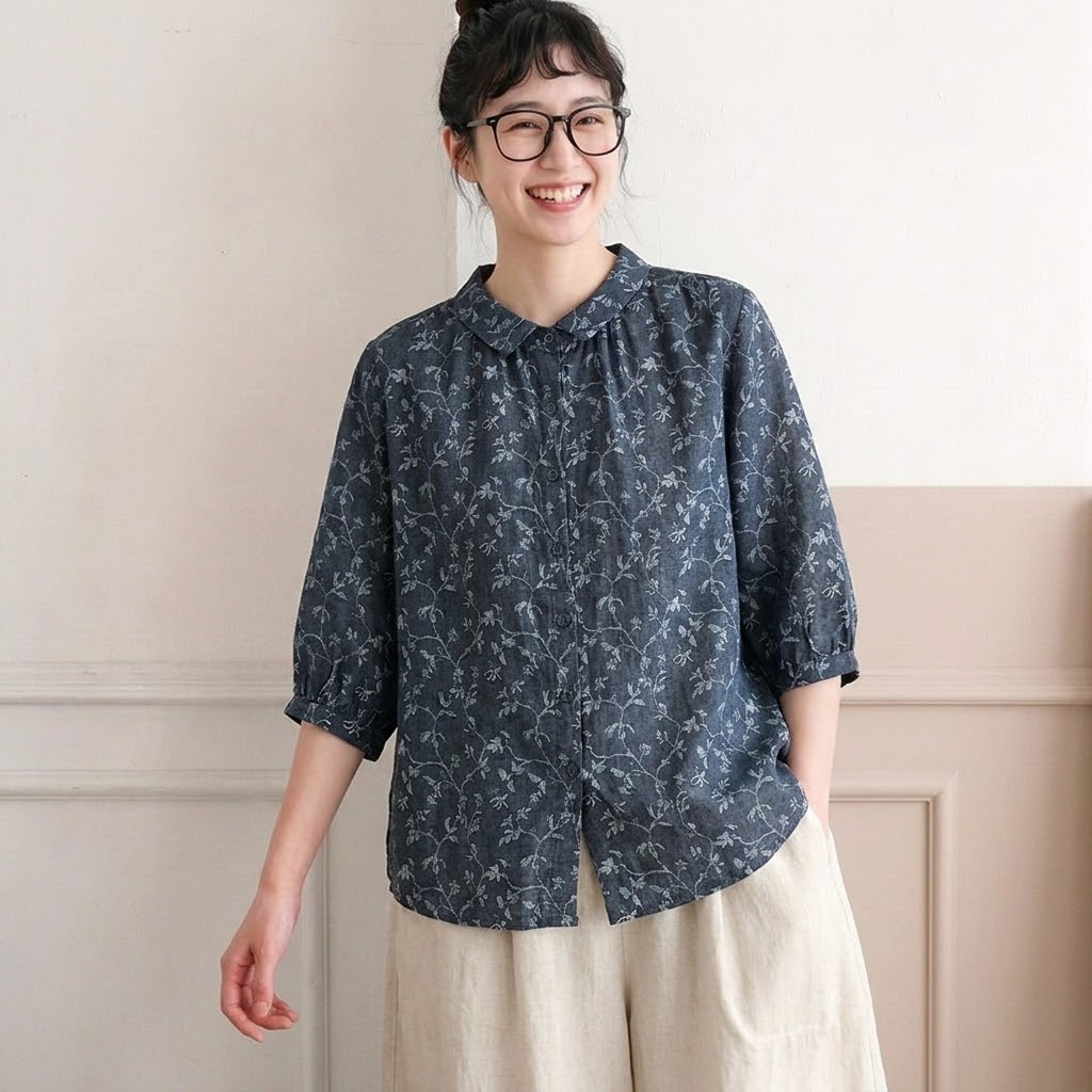 綿麻 花柄 レトロ 七分袖 シャツ